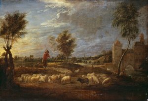 Paysage au coucher du soleil avec un berger et son troupeau - David Teniers the Younger